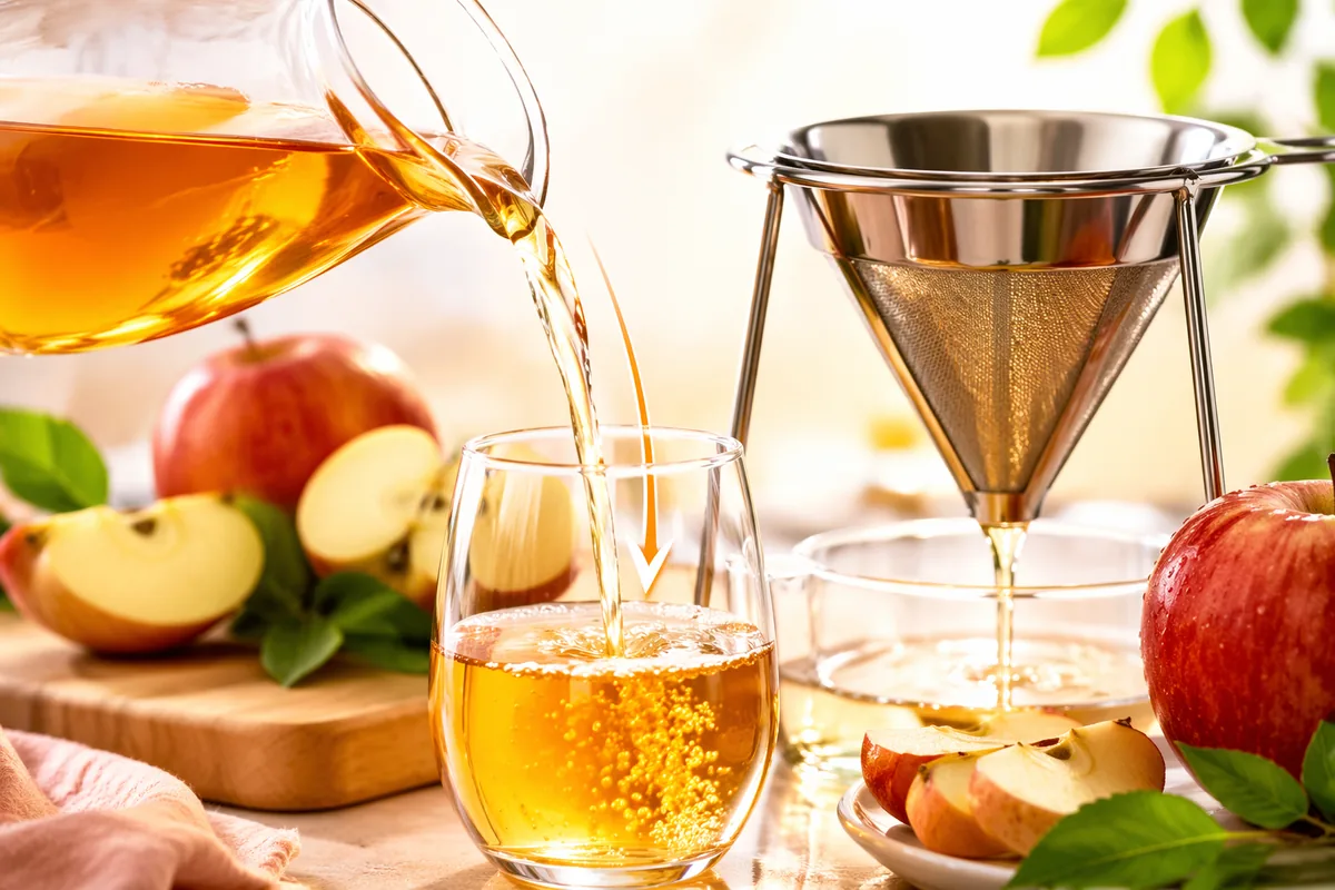 Bright apple juice poured into a glass next to a stainless filter cone and sliced apples