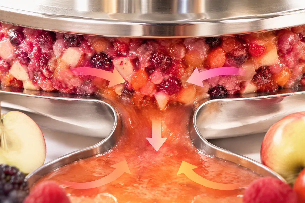 Milled apple and berry mash with juice draining out under a stainless press plate