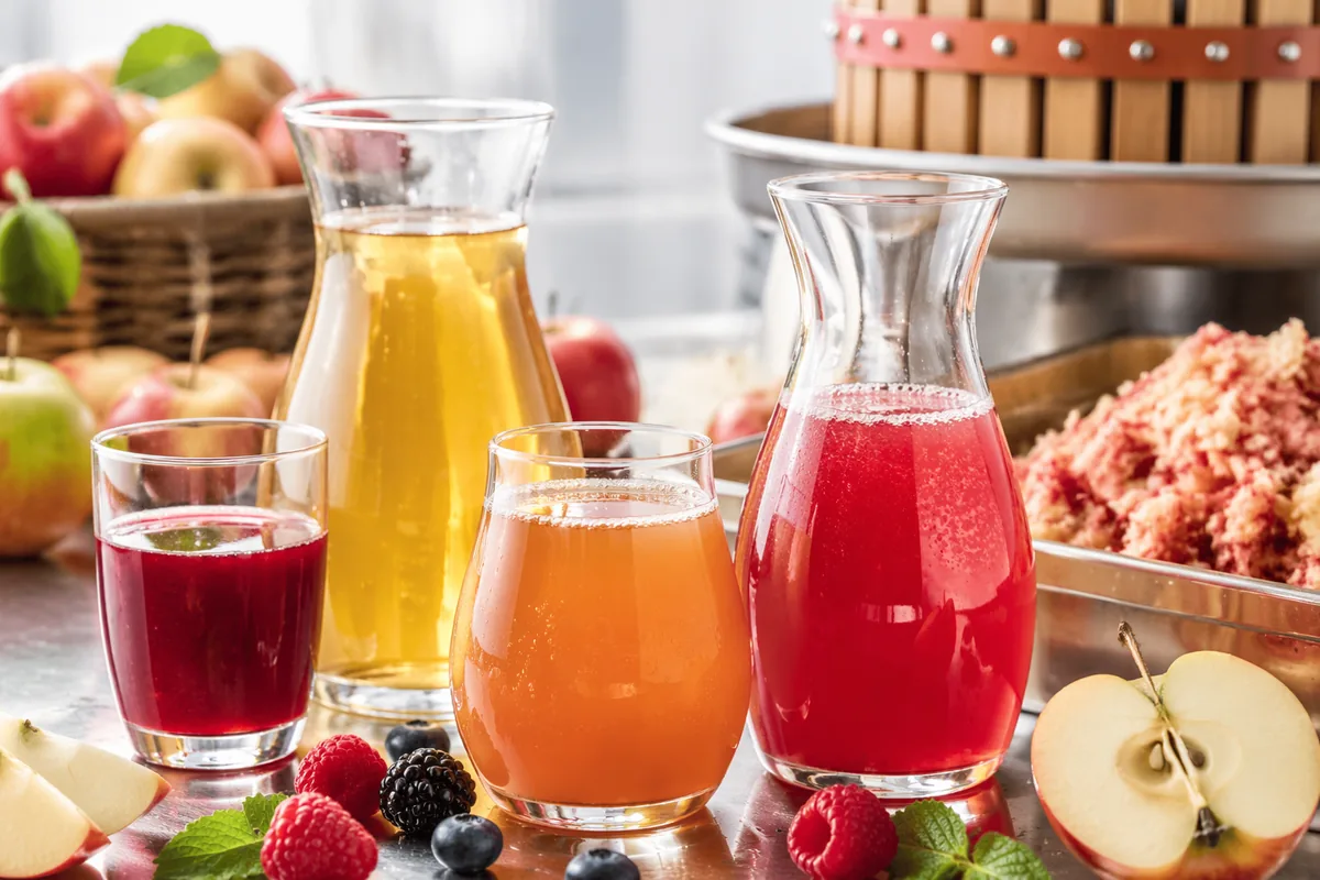 Jugs of freshly pressed apple and berry juice beside a fruit press and a tray of pomace